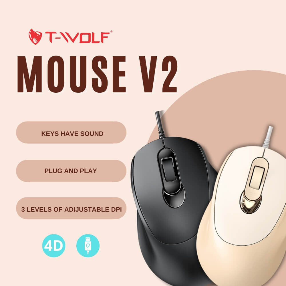 T-WOLF V2 - Souris Filaire USB Ergonomique Noire pour Bureau et Entreprise