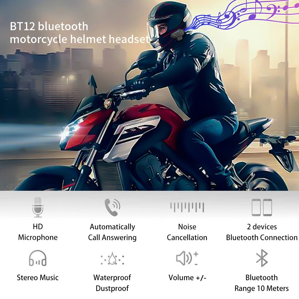 BT12 - Casque Bluetooth Sans Fil pour Casque de Moto, Étanche, Stéréo, Anti-interférence, Kit Mains Libres