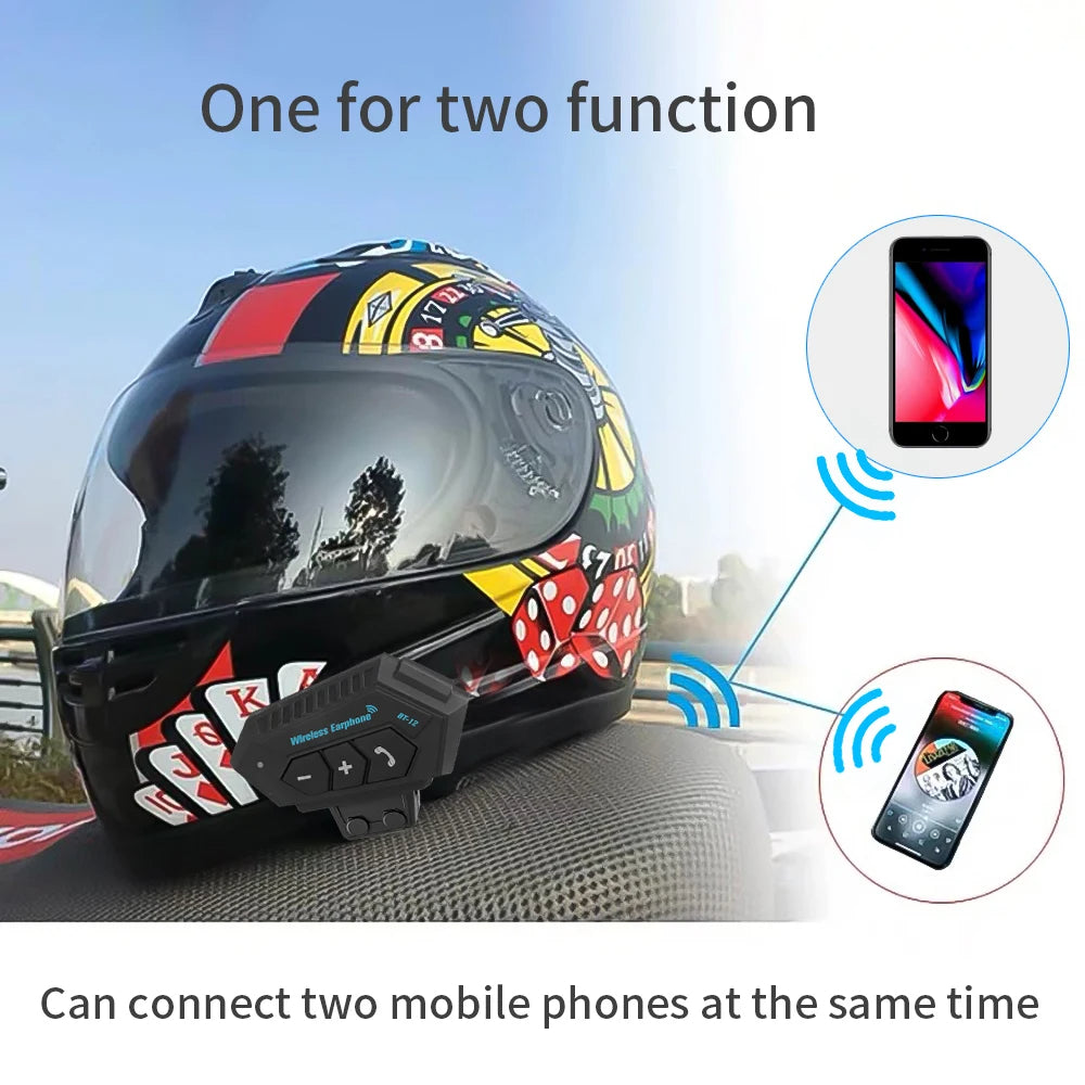 BT12 - Casque Bluetooth Sans Fil pour Casque de Moto, Étanche, Stéréo, Anti-interférence, Kit Mains Libres