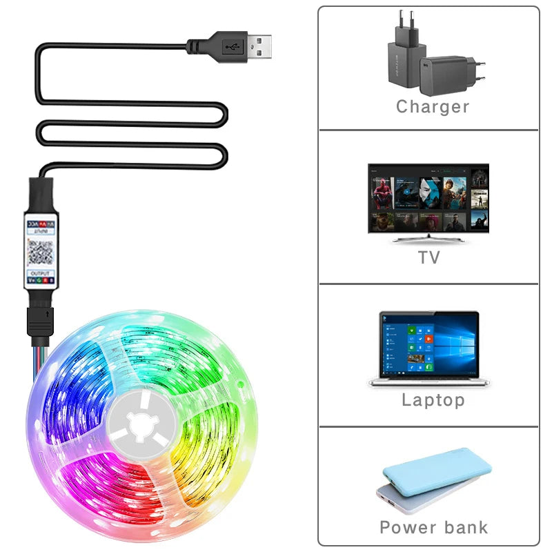 Bande LED RGB 5050 Bluetooth, 5V USB - Ruban Flexible pour TV et Déco - 5M