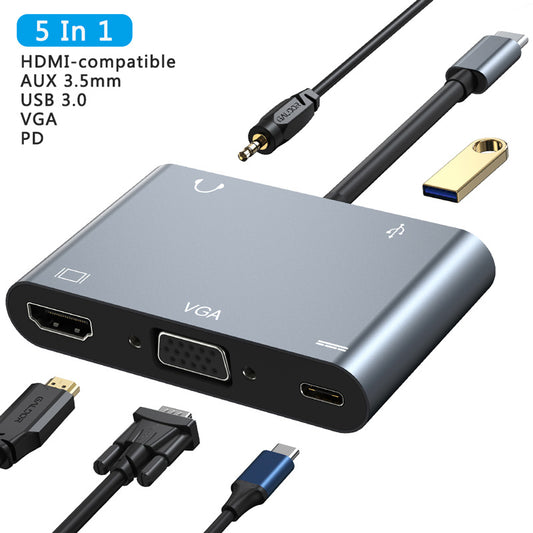 Hub USB multifonction 5-en-1 Type C vers HDMI, VGA, USB 3.0, PD et aux