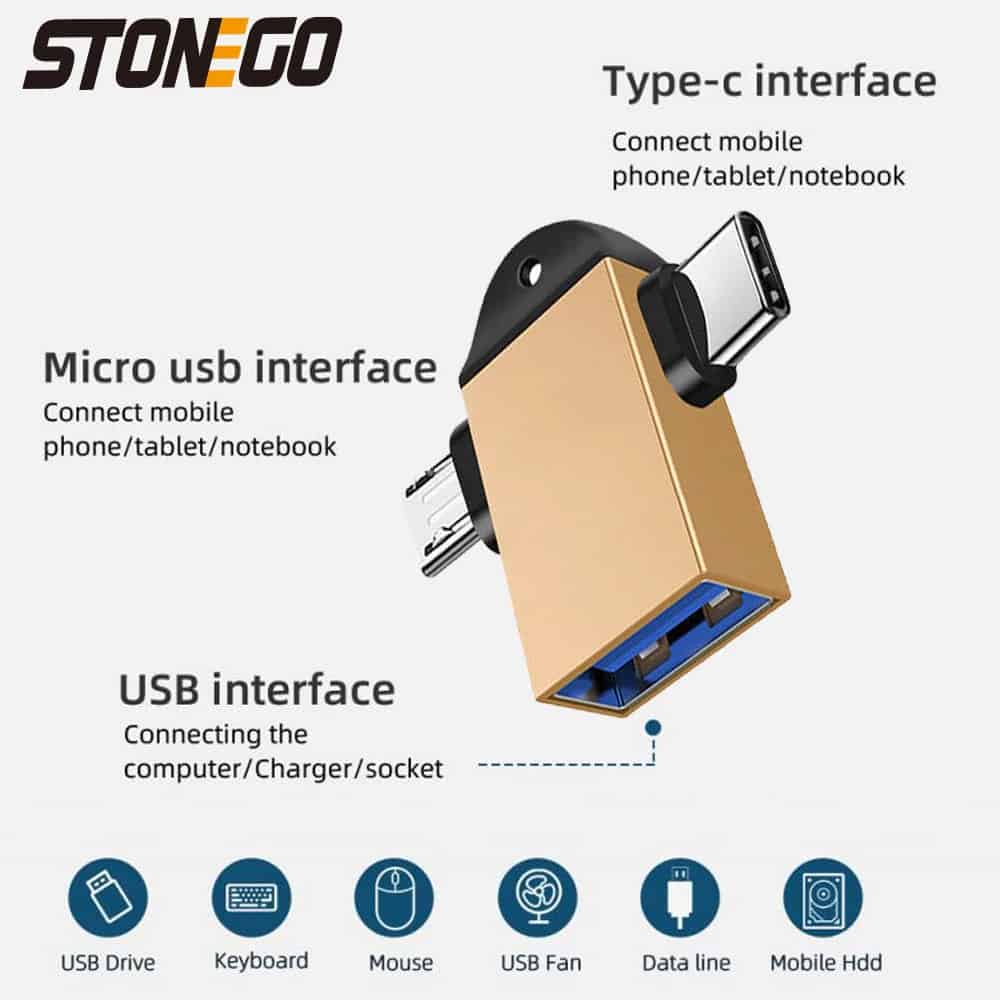 2 en 1 adaptateur OTG, USB 3.0 femelle vers Micro USB mâle et USB C connecteur mâle alliage d'aluminium